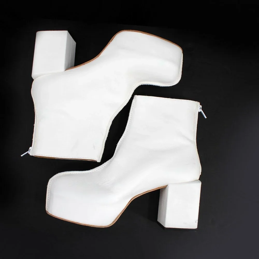 MOMA Platform Boots White Leather Handmade Block Heel Zip Back Seam SZ 39/10